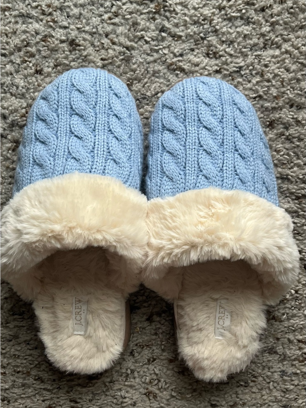 J. Crew Light Blue Cable-Knit Faux Fur-Lined Slippers